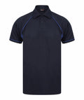 Introducing the LV370 from Finden & Hales: a sleek black polo shirt with a collar and short sleeves, enhanced by subtle blue piping along the sleeve seams. The shirt is showcased against a minimalist white background.