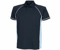 The Finden & Hales LV370 is a black polo shirt adorned with light blue side panels and white piping on the sleeves and shoulders. It includes a collar and a buttoned placket.