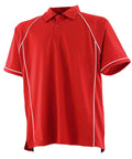 The LV370 by Finden & Hales is a red polo featuring white piping along the shoulders and sides, a folded collar, and a button-up neckline.