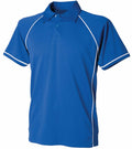 Introducing the LV370 by Finden & Hales, a blue polo shirt adorned with white piping along the shoulders and sleeves. This stylish shirt features a button-up collar and short sleeves, crafted from a lightweight fabric for added comfort.