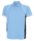 The LV370 by Finden & Hales is a polo shirt in light blue with navy side panels and white piping along the seams. It includes a collar and a two-button placket.
