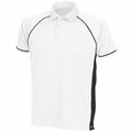 Finden & Hales LV370 is a white polo shirt featuring a collar and three buttons, complemented by black side panels and black piping along the sleeves. The shirt is showcased on a plain background.