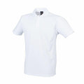 The Finden & Hales LV370 is a white polo shirt with short sleeves and a collar, showcased against a white backdrop. It includes a buttoned placket at the neckline.