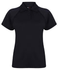A black Finden & Hales LV371 short-sleeve polo shirt featuring a collar and three buttons, set against a white background. It boasts a clean, simple design ideal for both casual and professional occasions.