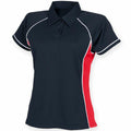 Introducing the Finden & Hales LV371: a stylish black short-sleeve polo shirt, accented with white piping along the shoulders and sleeves. The design incorporates red side panels for a sporty look, and it features a classic collar with a buttoned placket.