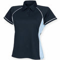 Introducing the LV371 from Finden & Hales: a stylish black polo shirt featuring a light blue side panel and white piping. This sporty design includes a collar, short sleeves, and three buttons on the placket, showcasing an eye-catching contrast of colors.