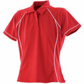 Introducing the Finden & Hales LV371, a sporty red short-sleeved polo shirt featuring stylish white piping along the sides and sleeves. This design includes a collar and buttons at the neckline and is showcased against a white background.