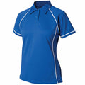 The Finden & Hales LV371 is a blue short-sleeve polo shirt featuring white piping details along the shoulders and sides. It boasts a collar and a front placket without visible buttons, all set against a plain white background.