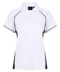 LV371, a white short-sleeve polo shirt by Finden & Hales, features black side panels and thin black trim on the shoulders, presented against a plain background.