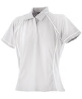 The LV371 from Finden & Hales is a light gray polo shirt featuring white piping details on the sleeves and sides. It includes a classic collar and a three-button placket, displayed against a plain white background.