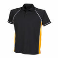 The LV372 by Finden & Hales is a black polo shirt with yellow side panels, white piping, a collar, and buttons.