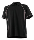 The LV372 by Finden & Hales is a black polo shirt featuring white piping details on the sleeves and sides.