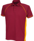 Introducing the Finden & Hales LV372, a maroon polo shirt accented with yellow piping and side panels. It boasts a classic collar, short sleeves, and a button-up front for a sporty yet casual look.