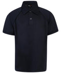 The Finden & Hales LV372 is a plain black short-sleeve polo shirt featuring a classic collar and two-button placket, shown against a white background.