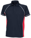 Introducing the Finden & Hales LV372: a black polo shirt with short sleeves, adorned with red side panels and white piping accents. This design features a classic collar and a buttoned neckline, artfully displayed against a white background.