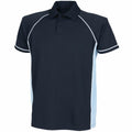 The LV372 by Finden & Hales is showcased against a plain background, featuring a black short-sleeved polo shirt with light blue side panels and white piping along the shoulders and sleeves.