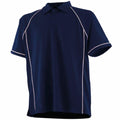 The Finden & Hales LV372 is a navy blue polo shirt featuring white piping details along the shoulders and sides, classic collar, and short sleeves. It offers a casual and sporty design.