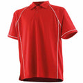 Introducing the LV372 by Finden & Hales: a stylish red polo shirt with white piping along the sleeves and torso, featuring a classic collar and short sleeves.