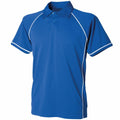 The LV372, a blue polo shirt by Finden & Hales, includes white piping along the seams and sleeves and features a collar and buttons.
