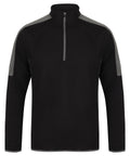Finden & Hales LV571 black long-sleeve pullover featuring a quarter-zip and contrasting gray shoulder panels, displayed on a plain background.