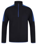 Introducing the LV571 by Finden & Hales: a black long-sleeve pullover featuring a high collar and quarter zip. It showcases blue accents along the shoulders, sleeves, and zipper lining, offering a simple yet modern design perfect for both casual and athletic wear.