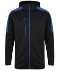 Finden & Hales LV622 hooded jacket in black and blue, featuring a front zipper and chest pocket.