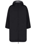 A black, knee-length robe with a hood, front zip, and wide sleeves is shown on a plain white background. It features a soft grey inner lining.