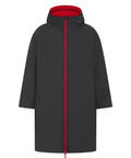 A black knee-length Robes coat with a red zip and red fleece hood lining is displayed against a plain white background.