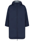 A navy blue dressing gown with a hood, front zip, long sleeves, straight hem, lightweight fabric, and visible inner lining.