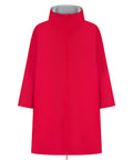 A minimalist red robe with a high collar, front zip fastening, wide sleeves, and light grey inner lining at the collar. The loose-fitting design features no visible pockets or embellishments.