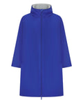 The Robes raincoat features a royal blue colour, front zip, long sleeves, and light grey fleece lining visible in the hood, displayed against a white background.