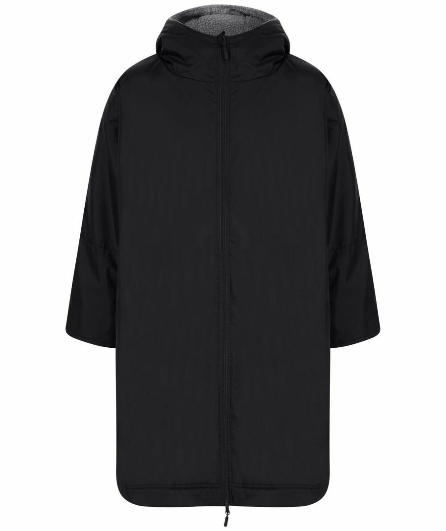 The LV691 raincoat from Finden & Hales, featuring a zip closure and hood in black, is displayed against a white background.