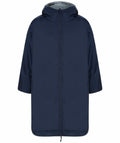 A Finden & Hales LV691 hooded rain poncho in blue, featuring a front zipper and mid-length sleeves, displayed on a plain white background.