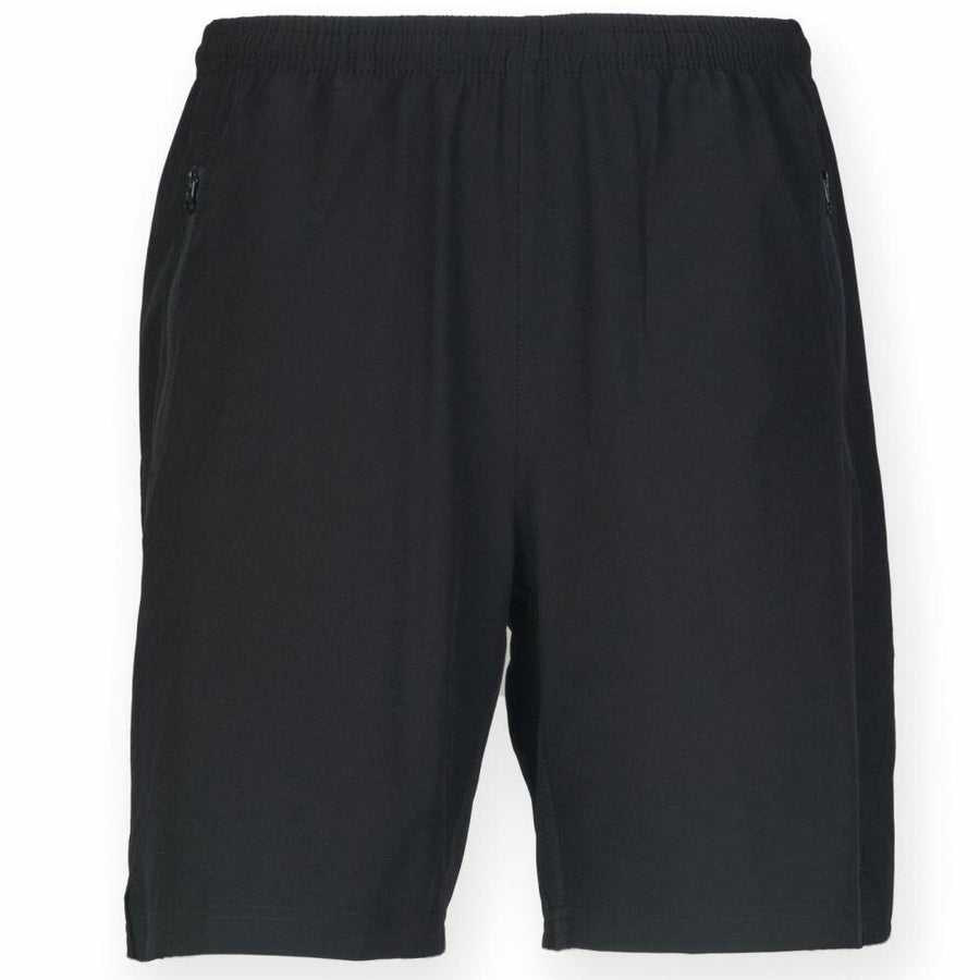 Finden & Hales LV817 black athletic shorts featuring an elastic waistband and zippered pockets on both sides.