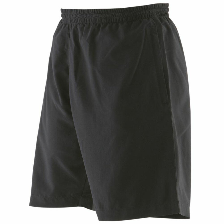 Finden & Hales LV830 black knee-length shorts featuring an elastic waistband and side pockets, presented against a white background.