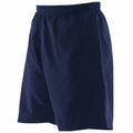 Finden & Hales' LV830 sports shorts in navy blue, featuring an elastic waistband, showcased on a minimalistic background.