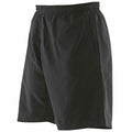 Finden & Hales' LV831 black athletic shorts featuring an elastic waistband and side pockets, showcased on a plain white background.
