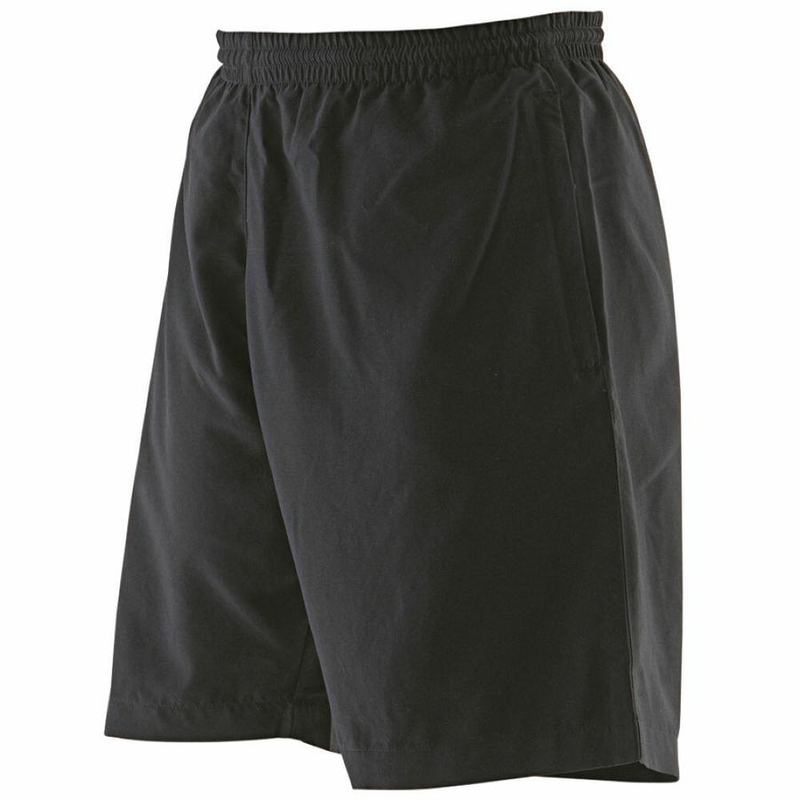 Finden & Hales' LV831 black athletic shorts featuring an elastic waistband and side pockets, showcased on a plain white background.