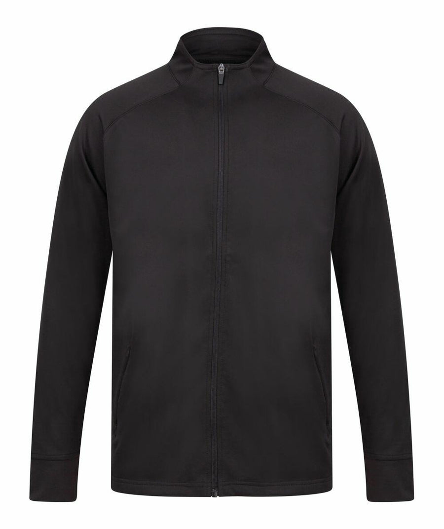 The LV871 jacket by Finden & Hales is a black zip-up with a high collar and long sleeves. It includes two side pockets on the front and features a full-length zipper. The simple and sleek design makes it perfect for both casual or athletic wear.