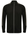 Finden & Hales LV871 is a black zip-up jacket featuring gray stripes along the sleeves, displayed on a white background.