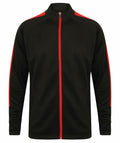 Finden & Hales LV871 black jacket featuring red stripes along the sleeves and a red zipper.