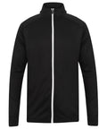The LV871 by Finden & Hales is a black zip-up jacket featuring a high collar and a white zipper. It comes with long sleeves and boasts a simple, sleek design. The shoulder area is enhanced with subtle geometric stitching for added detail.