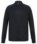 Introducing the LV871 by Finden & Hales: a sleek black zip-up jacket featuring a high collar and long sleeves. The jacket is designed with a smooth texture and includes two convenient side pockets.