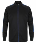 The LV871 by Finden & Hales is a black jacket featuring a blue zipper and blue stripes along the shoulders and sleeves. It includes a high collar and two side pockets.