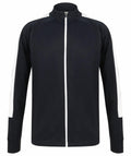 The LV871 by Finden & Hales is a black track jacket featuring a white zipper, white stripes down the sleeves, a high collar, and side pockets.
