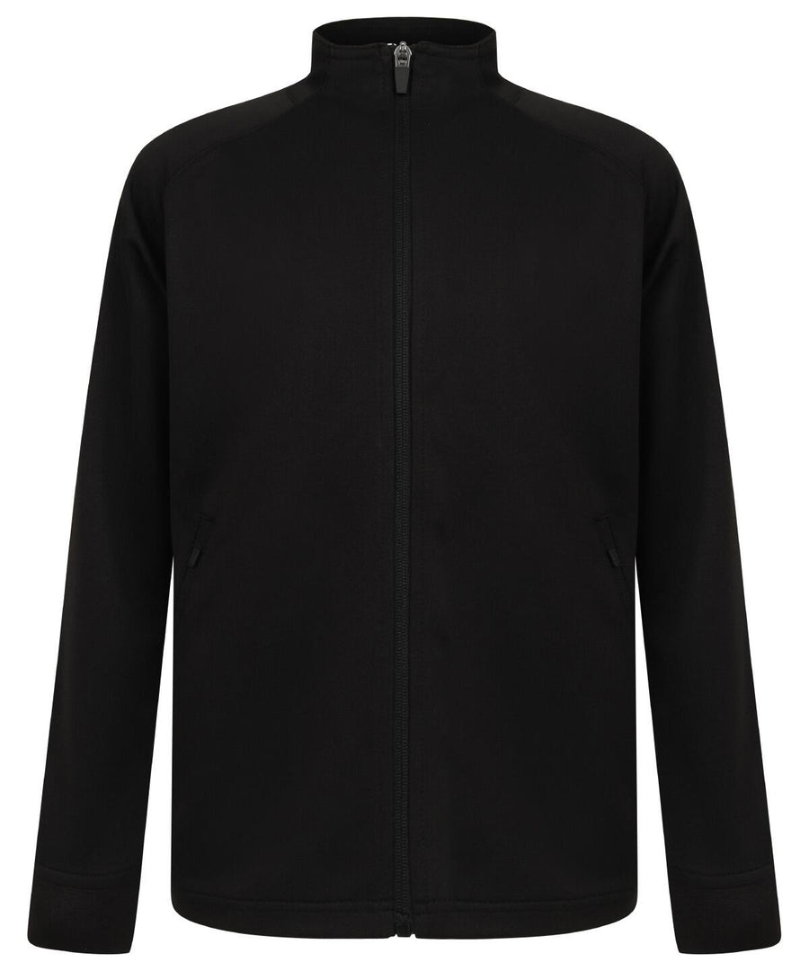 The LV873 by Finden & Hales is a plain black zip-up jacket featuring a high collar and long sleeves, displayed against a white background. The sleek and simple design includes two subtle pockets on either side of the zipper.