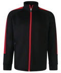 The LV873 by Finden & Hales is a black jacket with red accents, featuring a front zipper, red shoulder stripes, and side pockets.