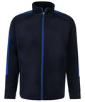 The LV873 jacket by Finden & Hales features a sleek black design with blue stripes adorning the shoulders and sleeves. It includes a high collar and convenient side pockets, all beautifully showcased against a plain white background.