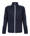 The LV873 by Finden & Hales is a navy blue track jacket featuring a high collar, white zipper, and white stripes along the shoulders and sleeves. It also includes two side pockets.