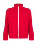 The LV873 by Finden & Hales is a red track jacket featuring a white vertical zipper, white stripes on the sleeves, two zippered side pockets, and a high collar.